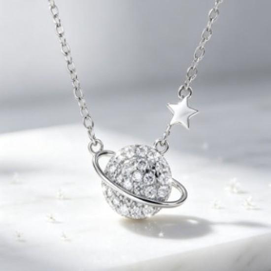 Korean-style Starlight Saturn Zircon Necklace Exquisite five-pointed star pendant encircling a planet
