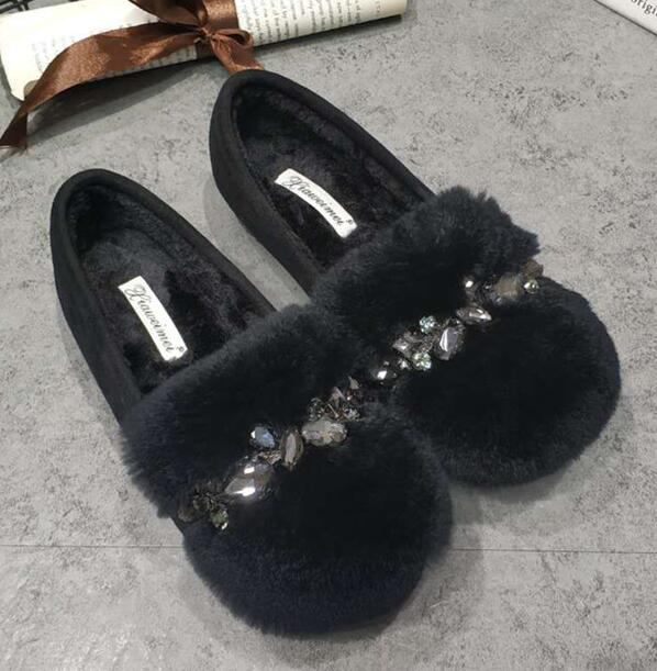Модные хрустальные бусины, меховые балетки-мокасины для женщин, большой размер 35-42, уютные мюли из кроличьего меха, плоские хлопковые туфли, женские ромбовидные меховые лоферы
