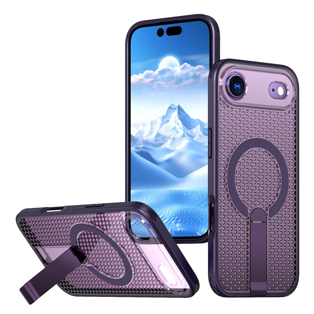 For iPhone Air Magnetic Case Kickstand Grid Texture TPU PC Phone Back Cover