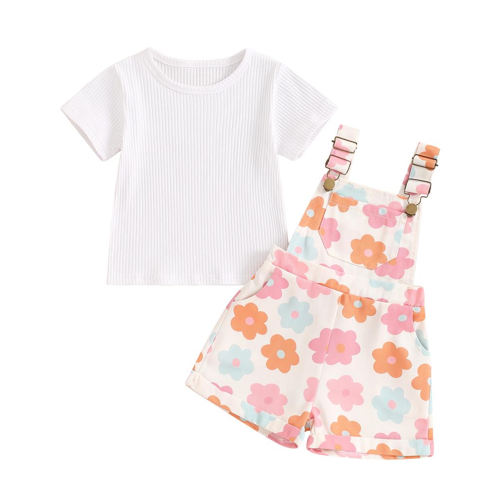 Toddler Girl Summer Outfit Solid Color Ribbed Short Sleeve Tops and Flower Print Suspender Shorts Overalls 2Pcs Clothes Set