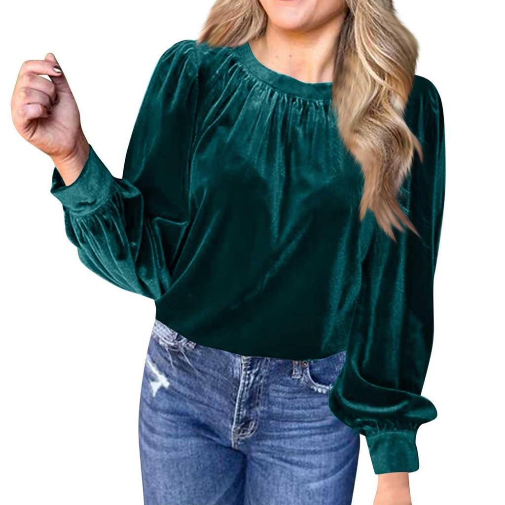 Women's Loose Gold Velvet Solid Color Pullover Round Neck Long Sleeve Top Casual Shirt