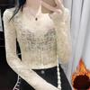 Deep V-Neck Lace Undershirt Women's Early Autumn Short Fitted Mesh Top Hollow-Out T-Shirt Stylish Long-Sleeve Blouse