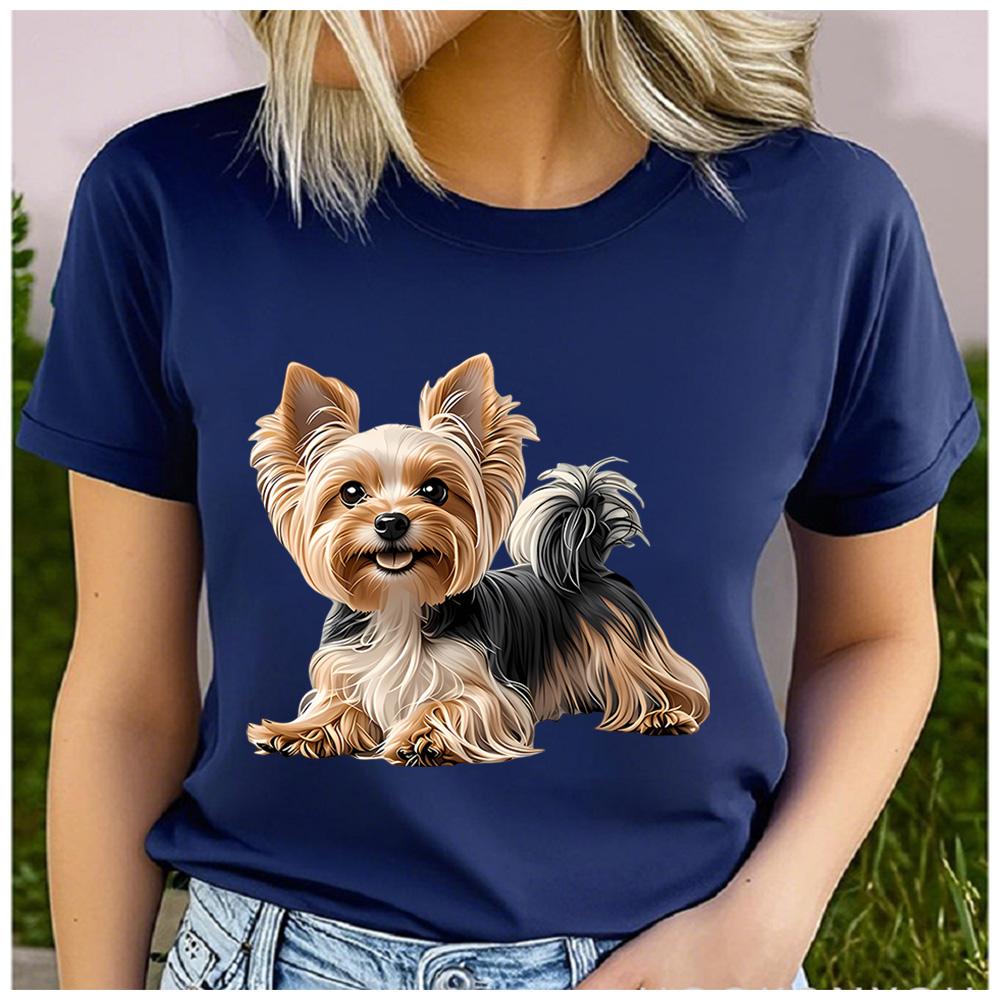 Polyester 100% Cute Yorkshire Terrier Puppy Graphic Women T-Shirt Yorkie Dog Pet Lover Print Short Sleeve Casual Summer Tee