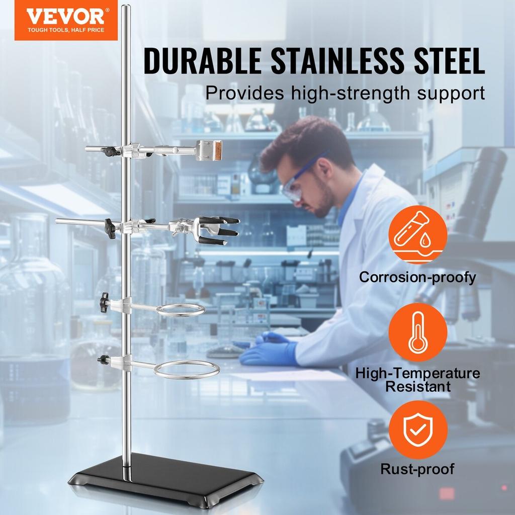 Lab Stand Support, Laboratory Retort Support Stand 2 Sets, Steel Lab Stand 23.6" Rod and 8.3" x 5.3" Cast Iron Base, Includes Flask Clamps, Burette