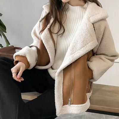 Осенне-зимняя женская куртка Плотная, сохраняющая тепло Свободный отложной воротник Длинные рукава Карманы на молнии Овечья шерсть Ветрозащитная