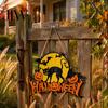 Retro Moon Wall Ornament Halloween Wood Door Hanger Sign, Pumpkin And Black Cat Printed, with Hemp Vintage Dark Style Home Decor Rope