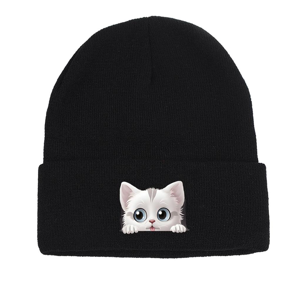 Cute White Cat Winter Knit Hat Beanie, Animal Man Cap Soft Winter Unisex Pompom Beanies Knitted Cap Beanie