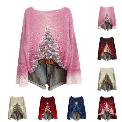 Женский модный повседневный трикотажный свитер с длинным рукавом и рождественским принтом, круглый вырез