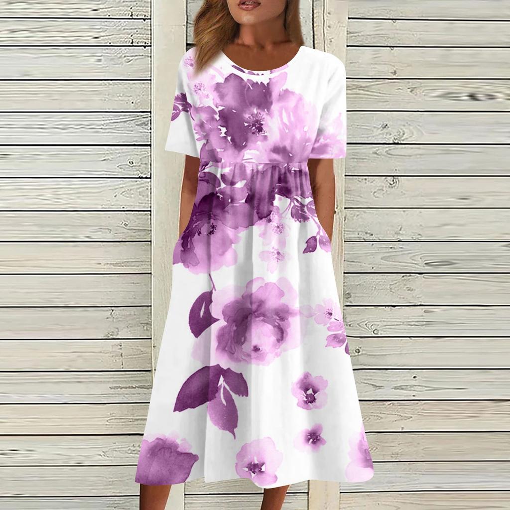 Жен. Повседневные платья Платья с принтами Летние платья С принтами Плиссированные платья-миди с круглым вырезом Классический Классический На открытом воздухе Повседневные С короткими рукавами Свободные платья