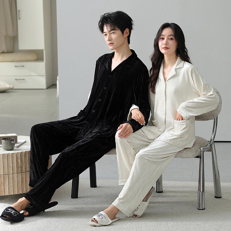 Золотистый бархат, парные пижамы, женские, осенне-зимние, с длинным рукавом, флисовые, теплые, тонкий бархат, домашняя одежда, мужской костюм