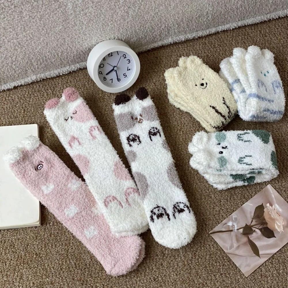 Soft Cute Animal Socks Breathable Winter Floor Socks Kitty Coral Fleece Socks Girls