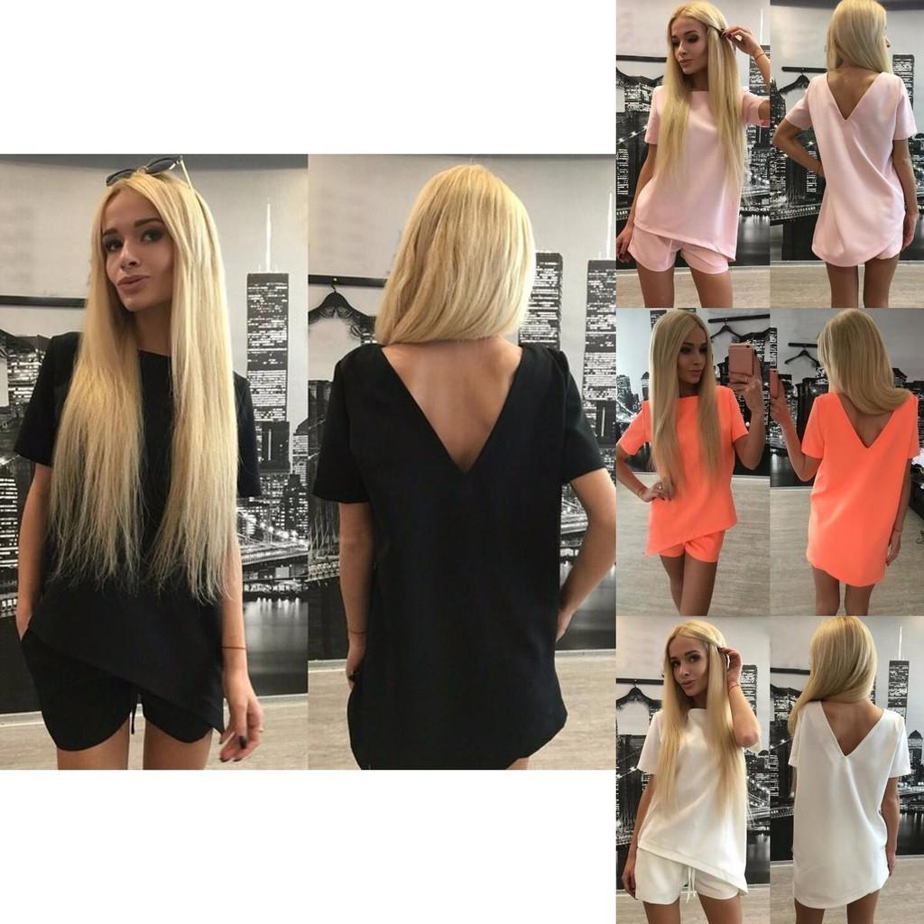 Elegant Women's Pure Color Casual Shorts Set With Backless Top For Effortless Style