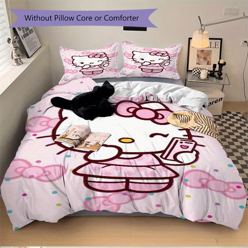 3pcs Sweet Hello Kitty Printed Bedding Set, Soft and Comfortable Quilt Cover for Bedroom, Guest Room (1 Duvet Cover + 2 Pillowcases, Pillow