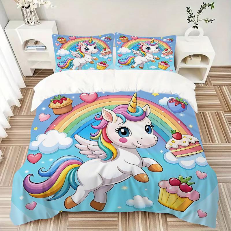 Rainbow Unicorn Fantasy Print 3Pcs Bedding Setduvet Cover With 2 Bedropillowcase Home Birthday Gift