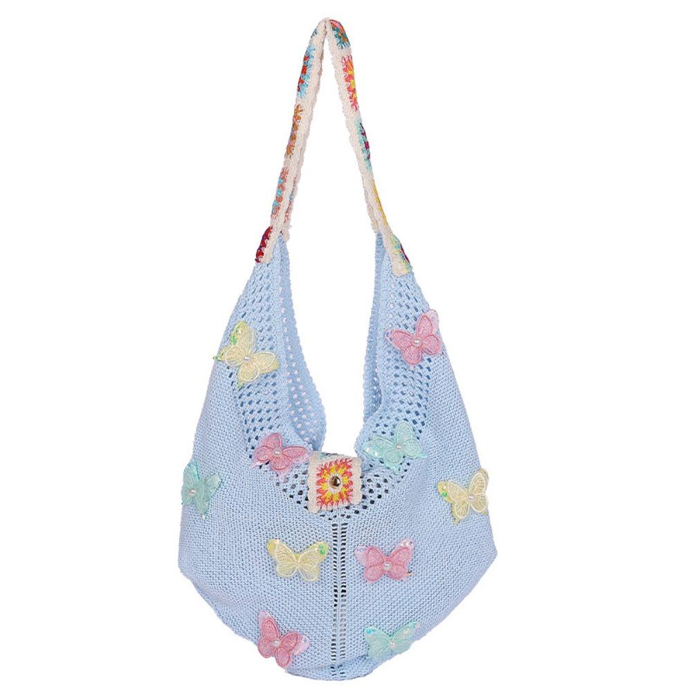 Trendy Bohemian Butterfly Knitted Bag Large Capacity Ethnic Style Boho Weave Bag Hollowed Out Handbag Crochet Tote Bag Beach