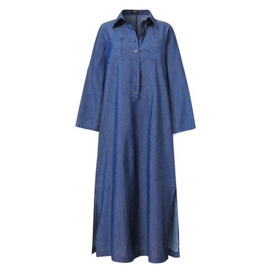 Осень-весна женское платье однотонное свободное джинсовое платье с отложным воротником с длинным рукавом до щиколотки и пуговицами с разрезом подол плюс размер богемное повседневное платье макси