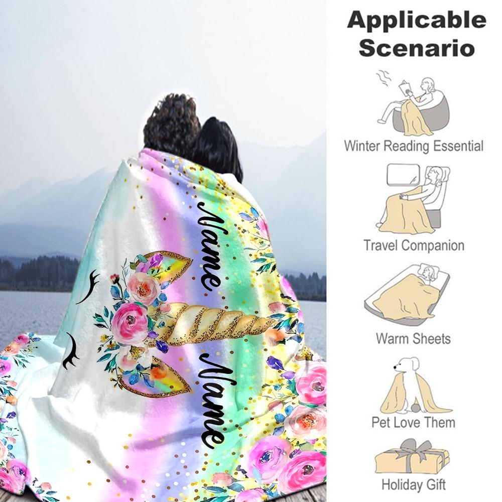 Floral Unicorn Customize Text Blanket Gift Customizable Blanket Soft & Cozy Versatile for Seaside Bedding Sofa Picnics for All Occasions