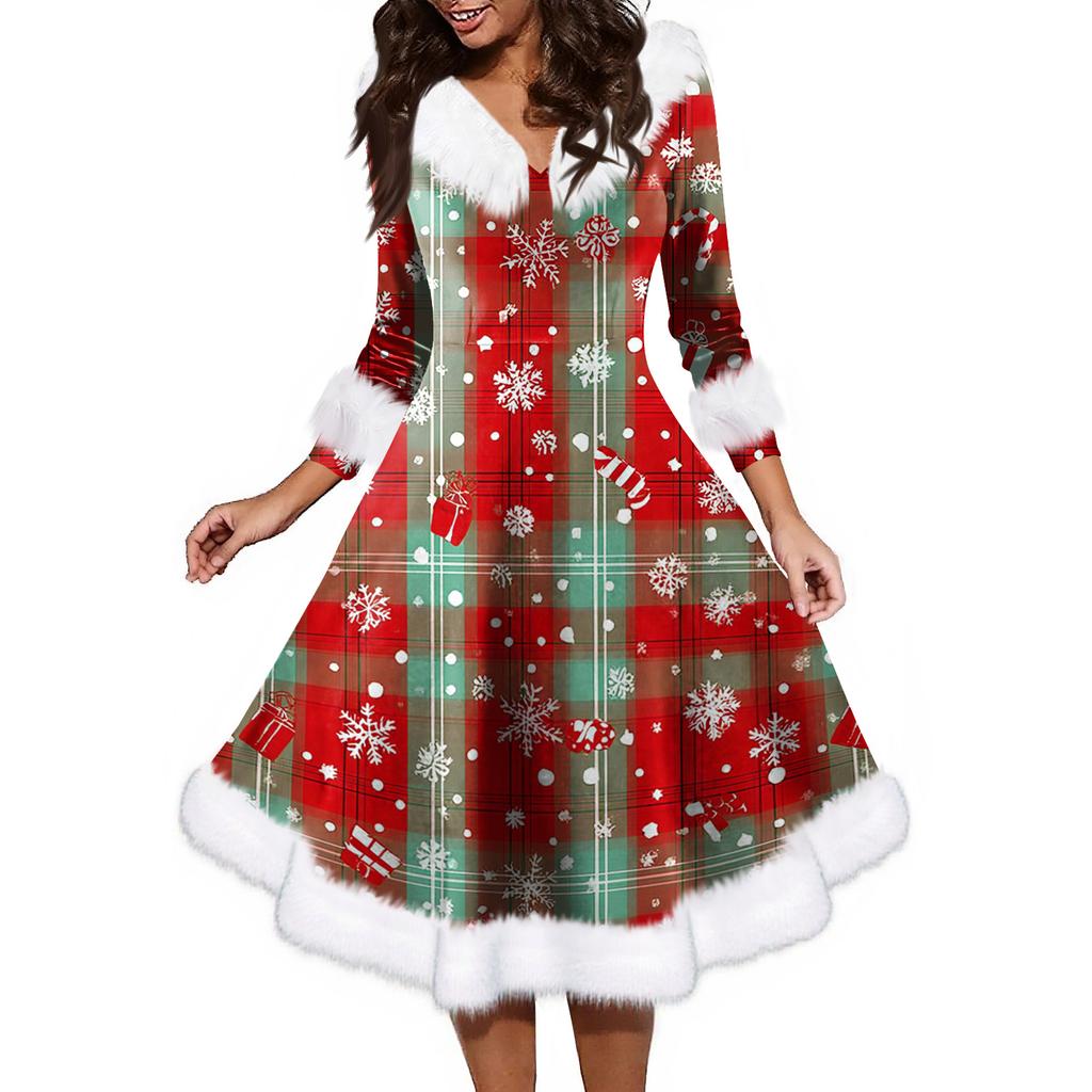 Женское модное повседневное платье с v-образным вырезом и рождественским принтом для вечеринки с длинными рукавами