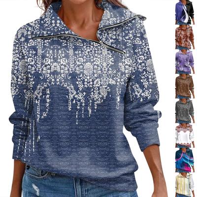 Женский осенне-зимний топ с застежкой-молнией, повседневный топ с длинными рукавами и цветочным принтом в стиле ретро