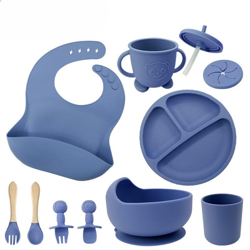 Children's silicone feeding tableware set, with suction cups on the bottom, 10 pieces