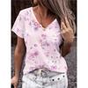 Summer Large Size Women's T-Shirt Fashion Blue Flowers Print Leisure Elegant V-Neck T-Shirt Daily Comfortable Women's T-Shirt
