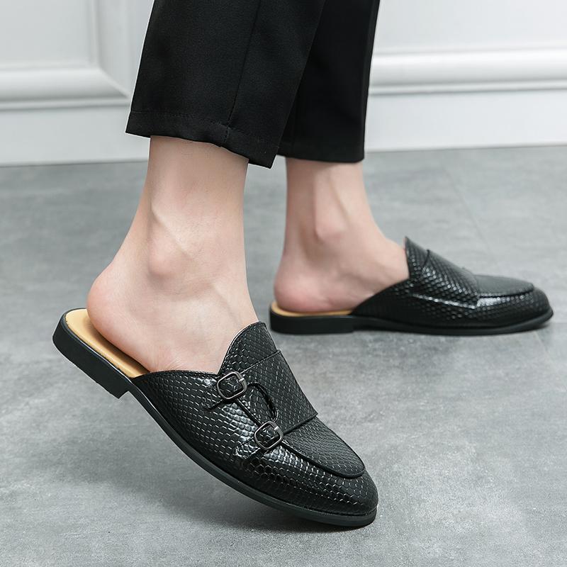 Black Half Shoes for Men Glossy Mules Slippers Leather Shoes Casual Shoes Men Fashion Social Masculino Mocassin Homme Chaussure