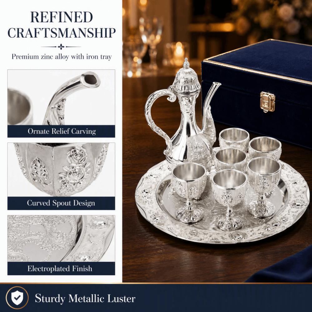 8pcs Embossed Floral Pattern Wine Jug Set Silver White European Wine Glasses Home Decoration
