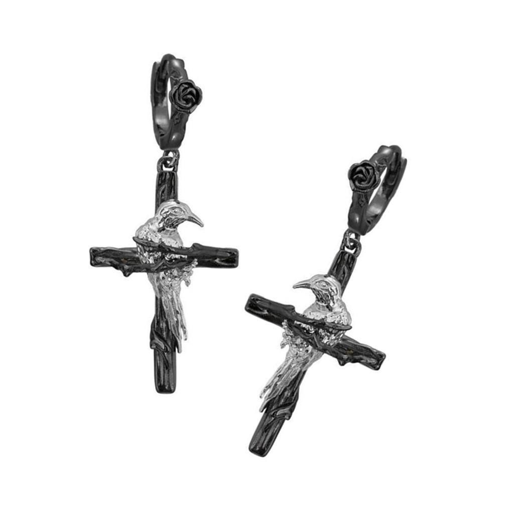 Gothic Cross Raven Punk Earrings Edgy Dark Jewelry Unique Design Ear Studs Alloy Hypoallergenic Ear Jewelry for Women