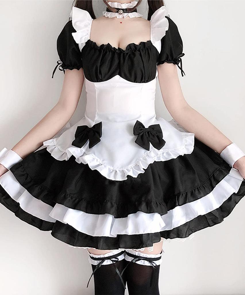 Maid Costume Cosplay Puff Mini Light Black and White Black and White [Milky Time] Dress, Sleeves, Length, Blue, (Includes Ribbon)