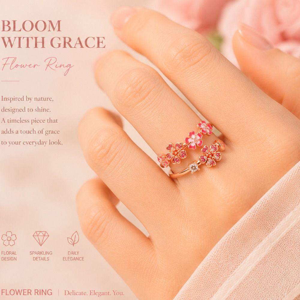 Adjustable Open Flower-shaped Ring Five-pointed Star Decorative Ring Anniversary Gift