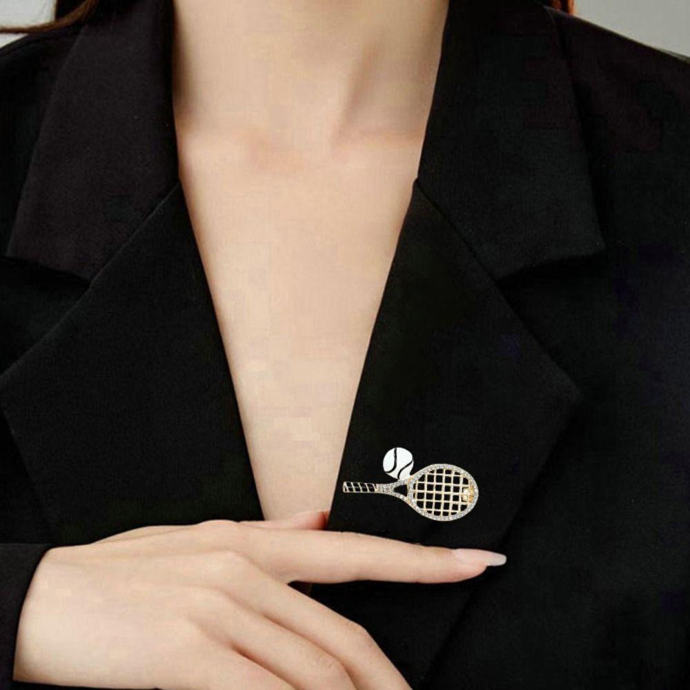 Zinc Zinc Alloy Enamel Metal Clothes Pin Rhinestone Gold Brooch Unique Tennis Racket Brooch  Daily