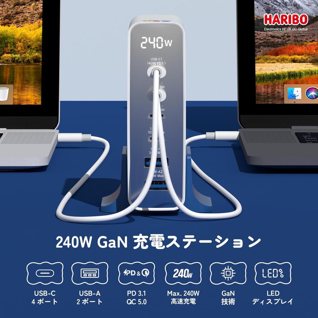 Haribo 240 Вт GaN Зарядная станция 6 портов x 2 x PD QC для консолей, (4 USB-C / USB-A), 3,1 (140W) & Совместимость с 5.0,