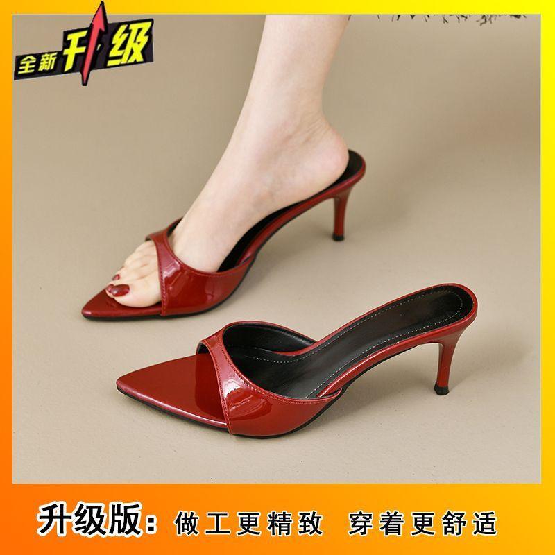 Patent Leather High-heeled Cool Slippers Summer 2025 New Versatile Stiletto Pointed Open-toed Sexy One-word Slippers