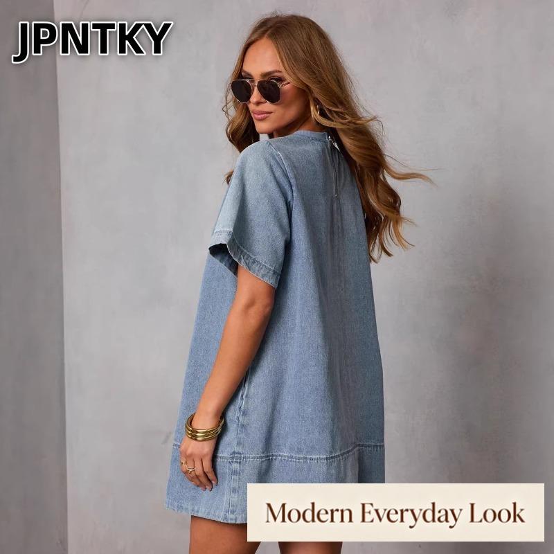 JPNTKY Модные Летние Весенние Однотонные Платья с Принтом, Короткий Рукав, Круглый Вырез, Повседневные