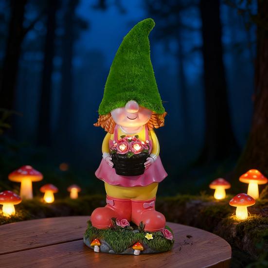 Солнечная садовая статуэтка гнома со светодиодной подсветкой, держащая корзину с цветами, флокированная шляпа, фигурка гнома-девочки, скульптура, уличное украшение, орнамент