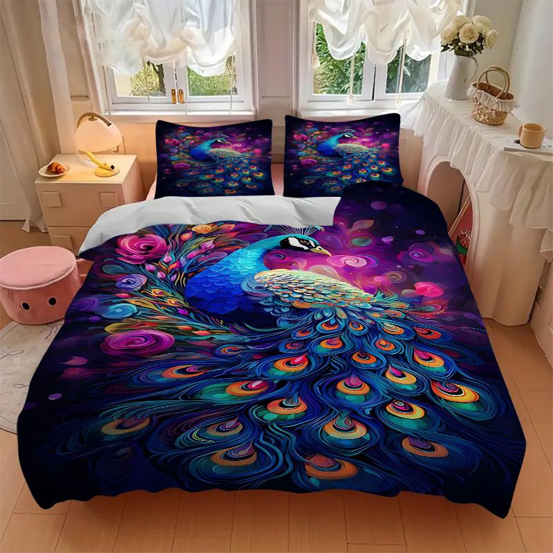 3pcs Peacock Feather Duvet Cover Set -Includes 1 Duvet Cover and 2 Pillowcases, No Quilt Core, All-Season Home Decor yy251111192