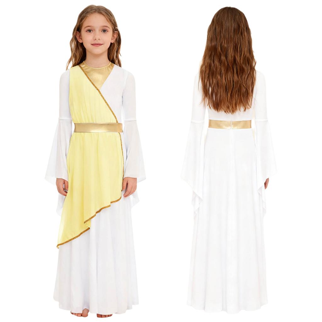 Halloween & Party Dress for Girls: Ancient Greek Princess Costume with Long Sleeves, Contrast Colors for Performance & Play