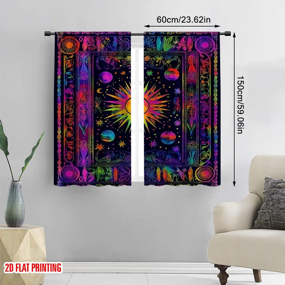 Набор из 2 богемных штор для дверей с плоской печатью Boho, Солнце и Луна, Французский Хиппи, Подходит для спальни, ванной комнаты, гостиной, Изготовлены из полиэстера