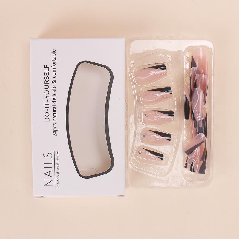 Европейские и американские острые женские средние-длинные черные полосы по краю, съемные накладные ногти с флэш-бриллиантами