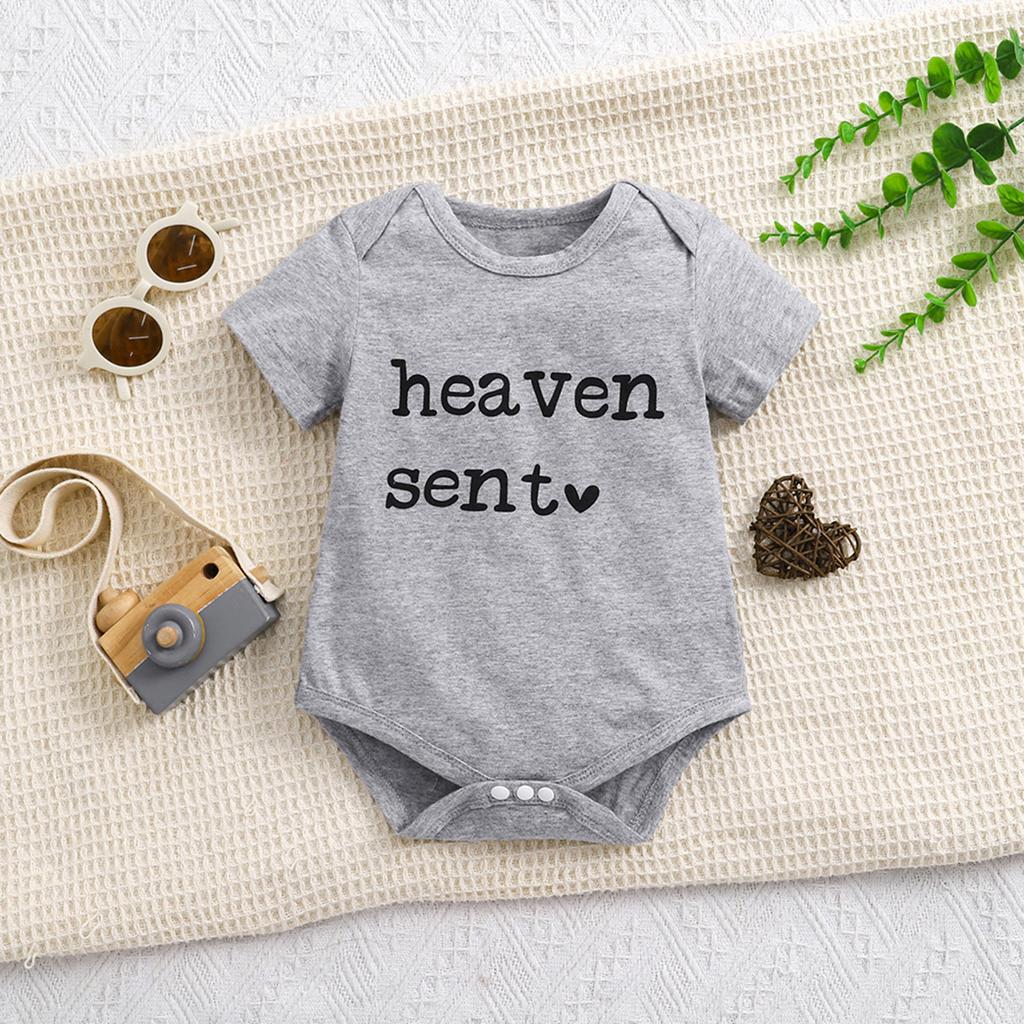 1-18 Months Newborn Baby “Heaven Sent“ Print Cotton Bodysuit Cute Grey Short Sleeve Jumpsuit Onesie
