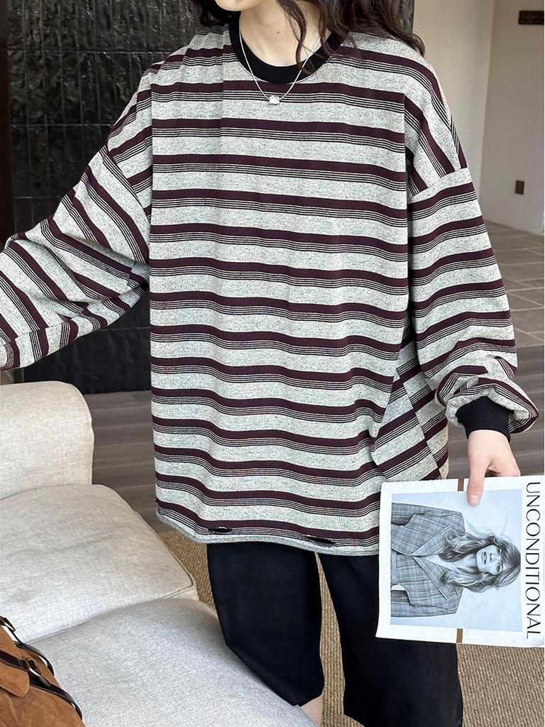 Juzhi 2024 Осенний корейский полосатый контрастный свитер-пуловер с круглым вырезом и длинными рукавами