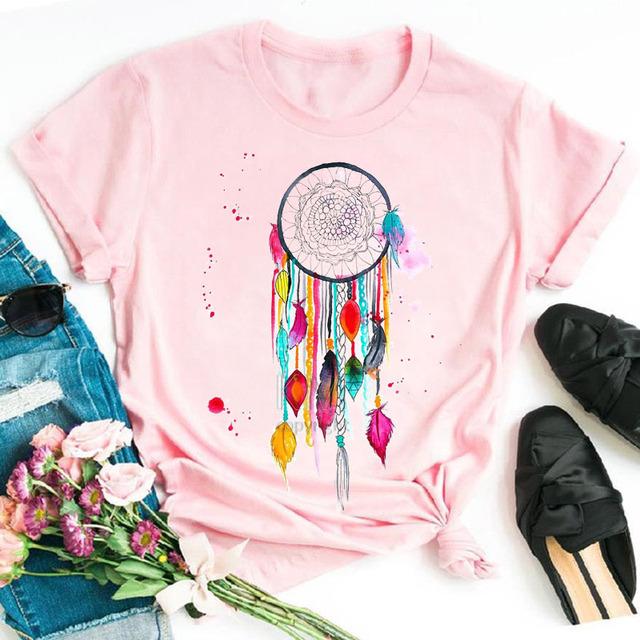 Harajuku женская футболка с принтом в виде перьев и цветов, женская новая черная футболка, женские милые графические футболки, женские повседневные топы, футболка