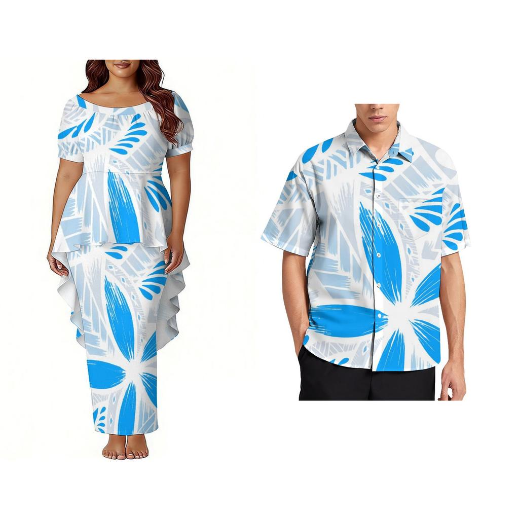 Custom Polynesian Bubble Short Sleeve Long Dress Lady Puletasi Dress Match Plus Size Men Stiff Neck Shirt Sets off Couples 2pcs