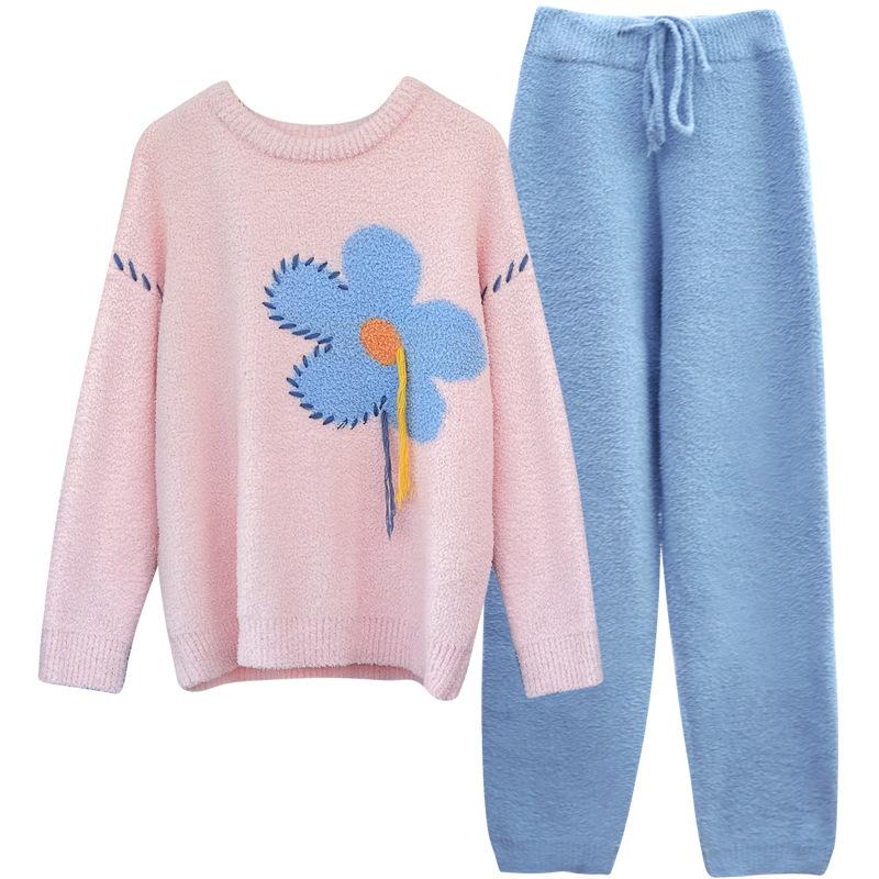 Ношение милой и симпатичной японской пижамы, замедляющей старение, женская осенне-зимняя шерстяная цветочная мягкая утолщенная трикотажная домашняя одежда