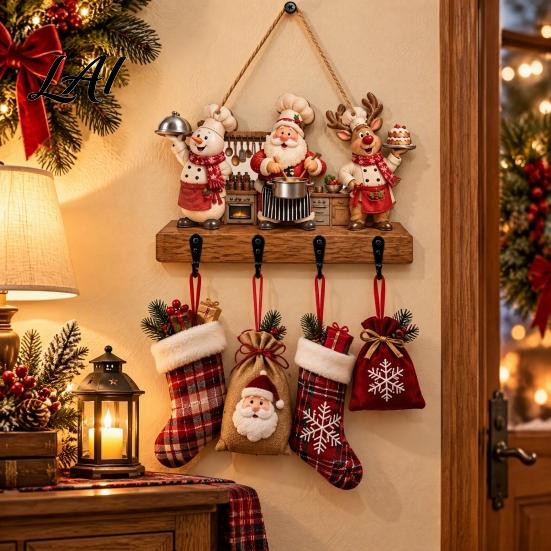Xmas Hanging Ornament with Storage Wooden Rustic Christmas Stocking Hanger Gingerbread House Decorative Hook Board for Scene Home Wall Decor