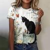Футболка с рисунком цветов и листьев для женщин, мультяшный кот с 3D-принтом, короткие рукава, летняя футболка для отдыха, топы с круглым вырезом, футболки