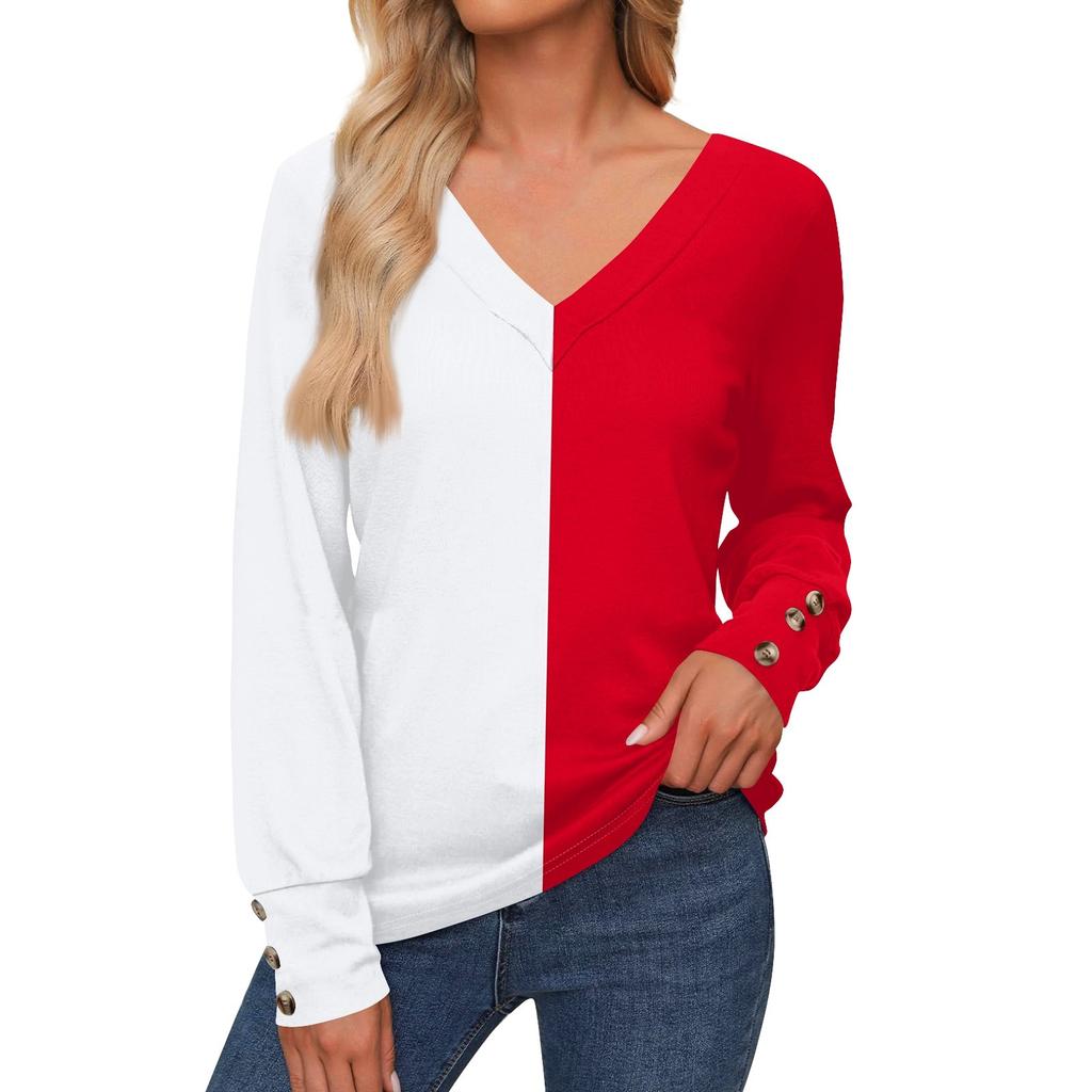 Женская повседневная модная рубашка с длинными рукавами и манжетами на пуговицах, свободная футболка с V-образным вырезом, осенняя одежда