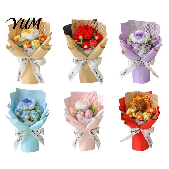 Handmade Knitted Gift for Anniversary Hand Crocheted Yarn Flower Bouquet, Artificial Rose Sunflower, Decorative Ornament Crochet Flowers Teacher
