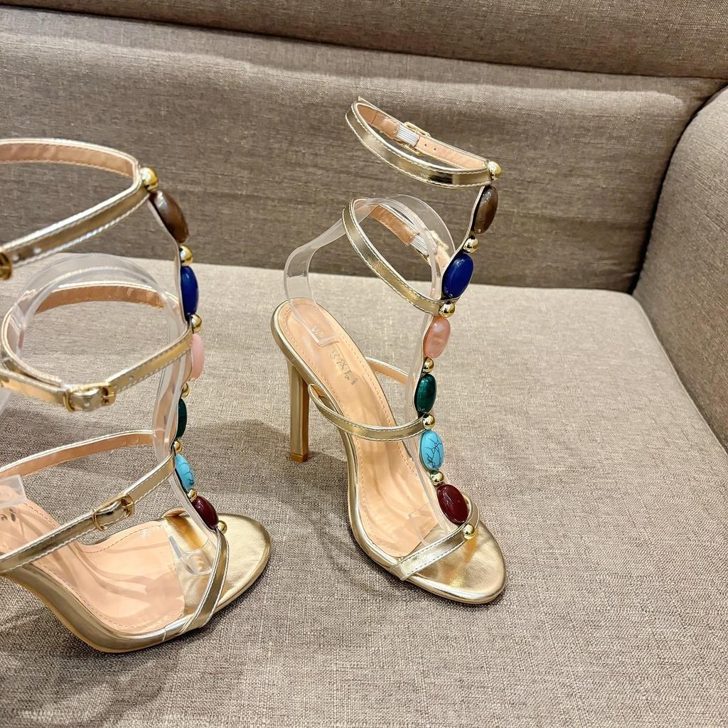 Летние женские модные босоножки на высоком каблуке с круглым носком, цветными кристаллами, ремешком на щиколотке, женские золотистые туфли для вечеринки и свадьбы