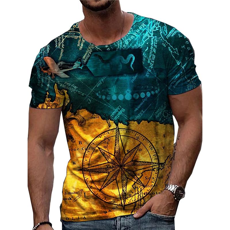 Новая летняя мужская модная футболка с индивидуальным цветным принтом «Компас» Мужская футболка Топ